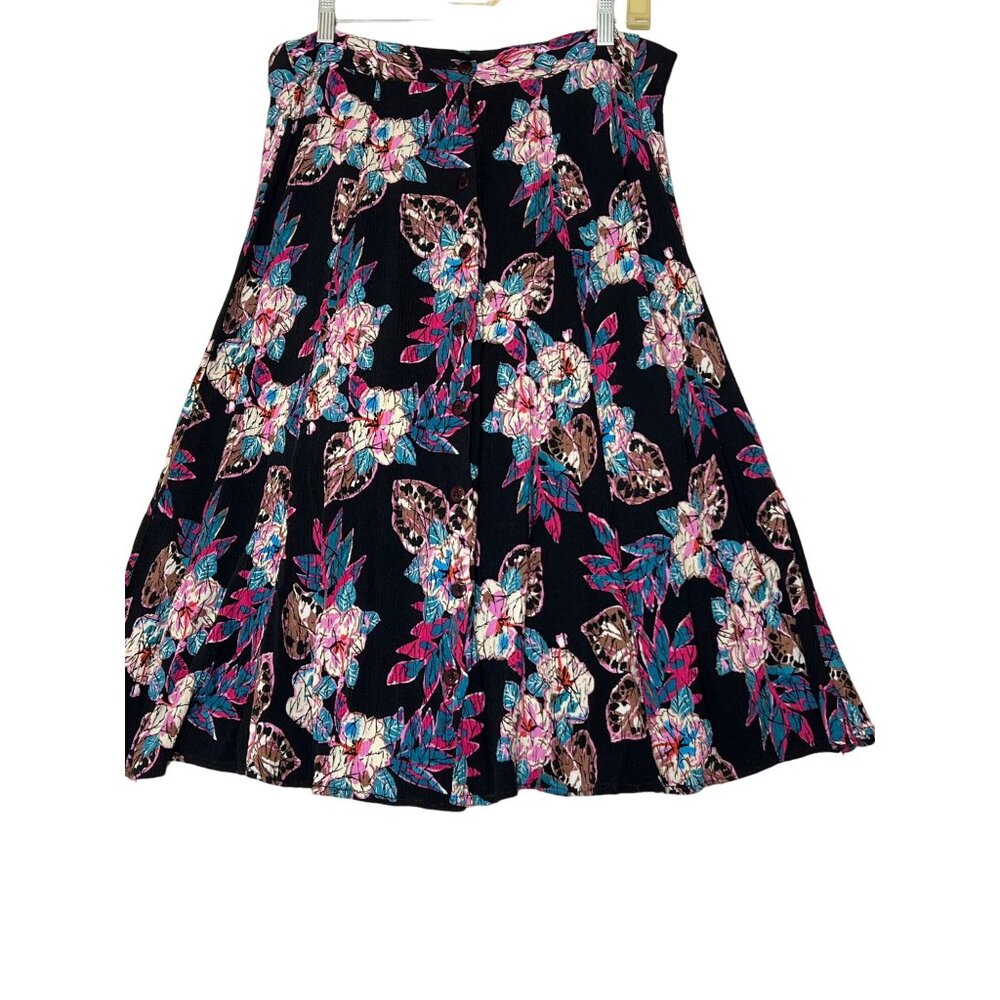 Vintage California Krush Floral Button Skater Skirt Medium Rayon Black Pink Blue